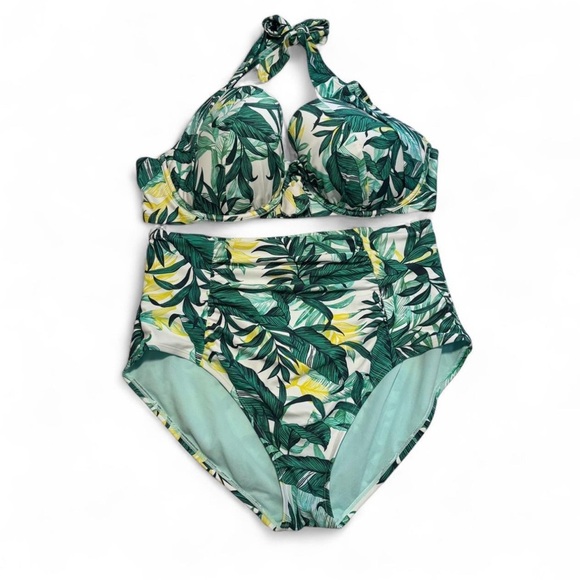 Adore Me Leaf Print Bikini Set 44DD 2X High Waisted Halter Swim Plus Size - Picture 1 of 5